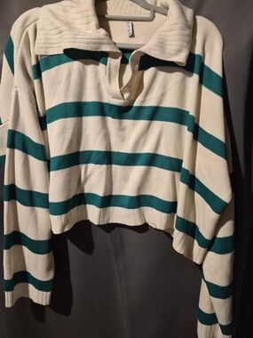 Cropped Striped Polo Sweater - Cream & Teal